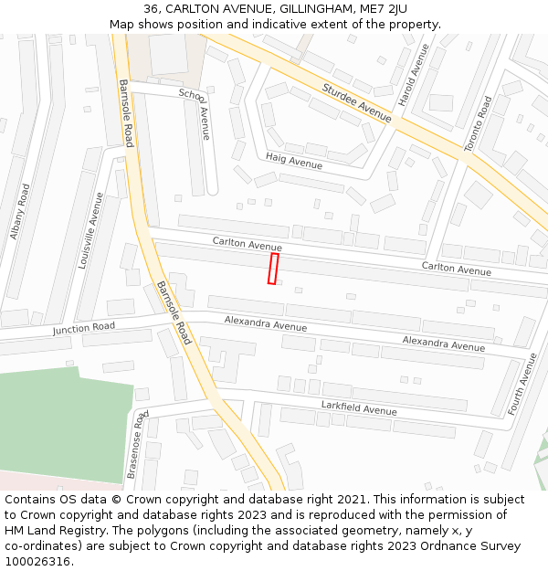 36, CARLTON AVENUE, GILLINGHAM, ME7 2JU: Location map and indicative extent of plot