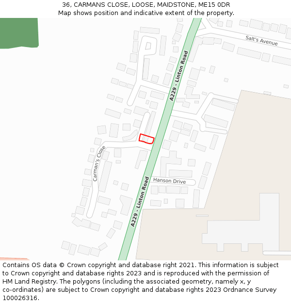 36, CARMANS CLOSE, LOOSE, MAIDSTONE, ME15 0DR: Location map and indicative extent of plot