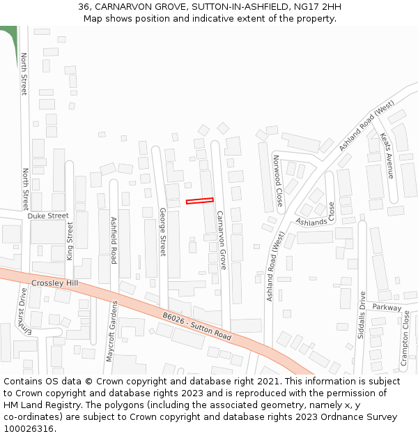 36, CARNARVON GROVE, SUTTON-IN-ASHFIELD, NG17 2HH: Location map and indicative extent of plot