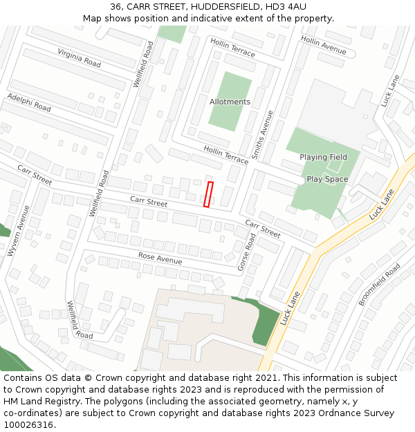 36, CARR STREET, HUDDERSFIELD, HD3 4AU: Location map and indicative extent of plot