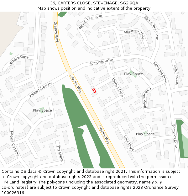 36, CARTERS CLOSE, STEVENAGE, SG2 9QA: Location map and indicative extent of plot