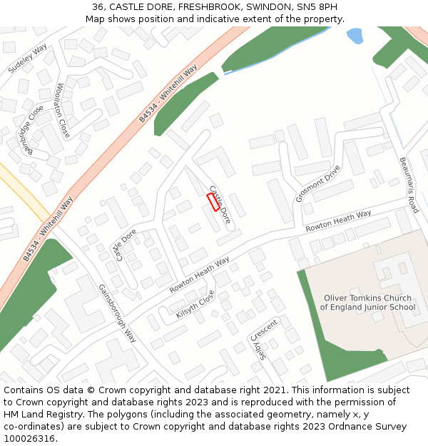 36, CASTLE DORE, FRESHBROOK, SWINDON, SN5 8PH: Location map and indicative extent of plot