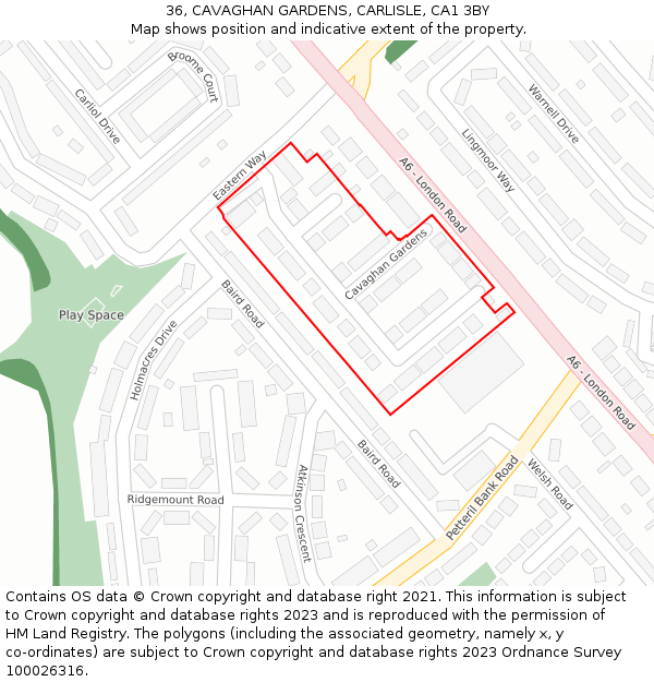 36, CAVAGHAN GARDENS, CARLISLE, CA1 3BY: Location map and indicative extent of plot