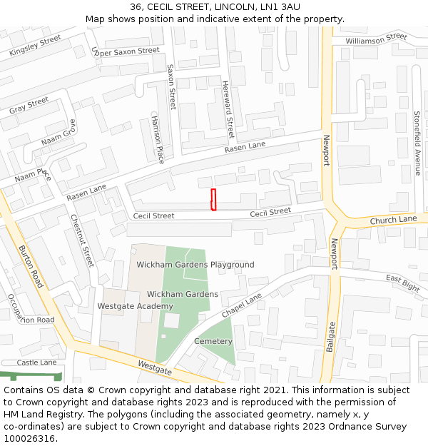 36, CECIL STREET, LINCOLN, LN1 3AU: Location map and indicative extent of plot