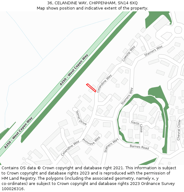 36, CELANDINE WAY, CHIPPENHAM, SN14 6XQ: Location map and indicative extent of plot