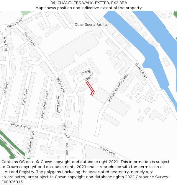 36, CHANDLERS WALK, EXETER, EX2 8BA: Location map and indicative extent of plot