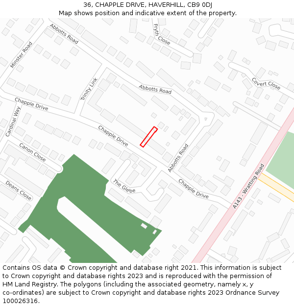 36, CHAPPLE DRIVE, HAVERHILL, CB9 0DJ: Location map and indicative extent of plot