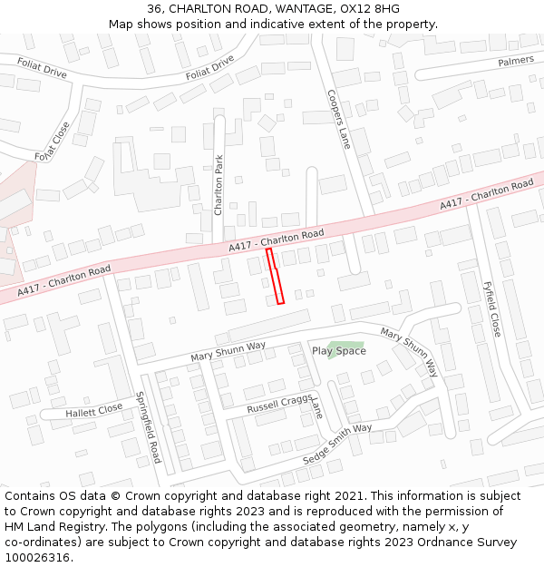 36, CHARLTON ROAD, WANTAGE, OX12 8HG: Location map and indicative extent of plot