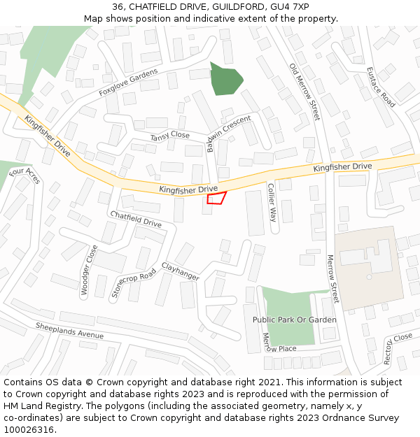 36, CHATFIELD DRIVE, GUILDFORD, GU4 7XP: Location map and indicative extent of plot