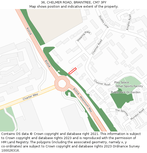 36, CHELMER ROAD, BRAINTREE, CM7 3PY: Location map and indicative extent of plot