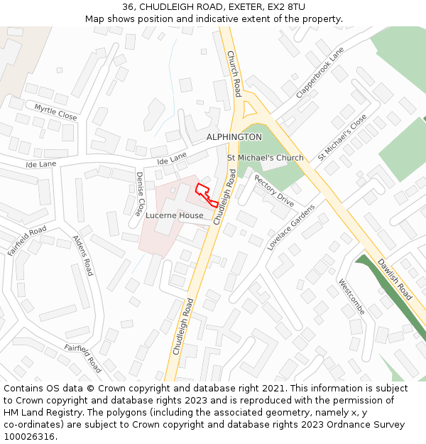 36, CHUDLEIGH ROAD, EXETER, EX2 8TU: Location map and indicative extent of plot