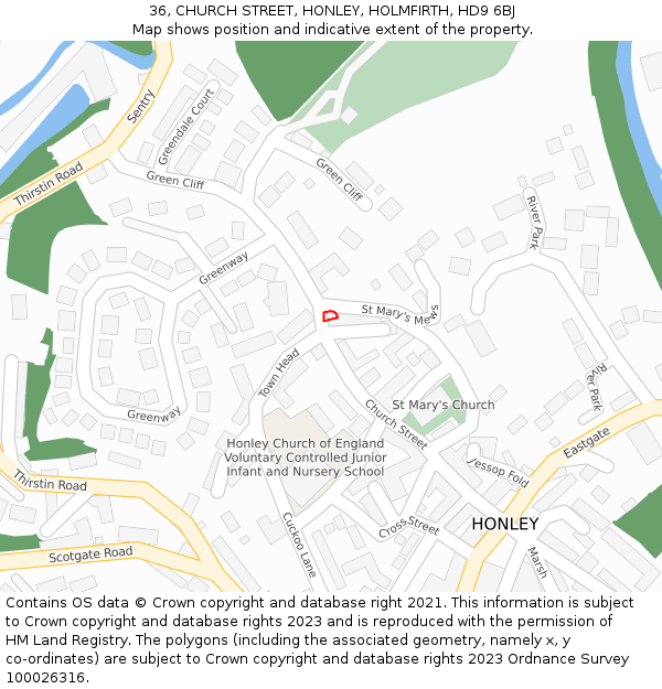 36, CHURCH STREET, HONLEY, HOLMFIRTH, HD9 6BJ: Location map and indicative extent of plot