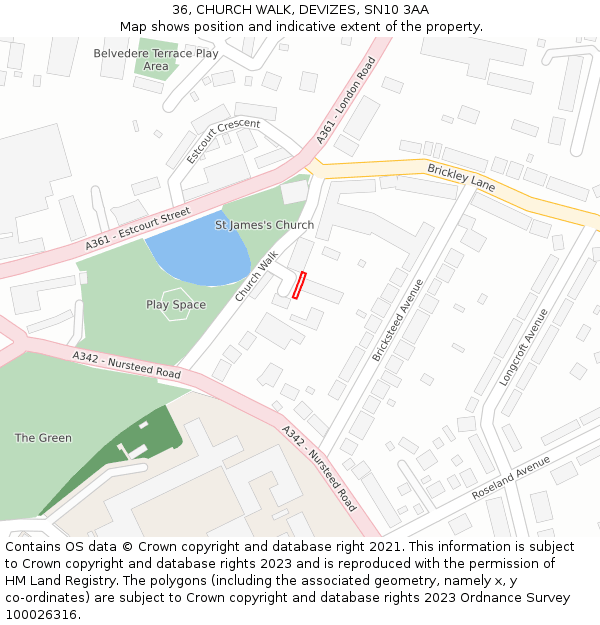 36, CHURCH WALK, DEVIZES, SN10 3AA: Location map and indicative extent of plot