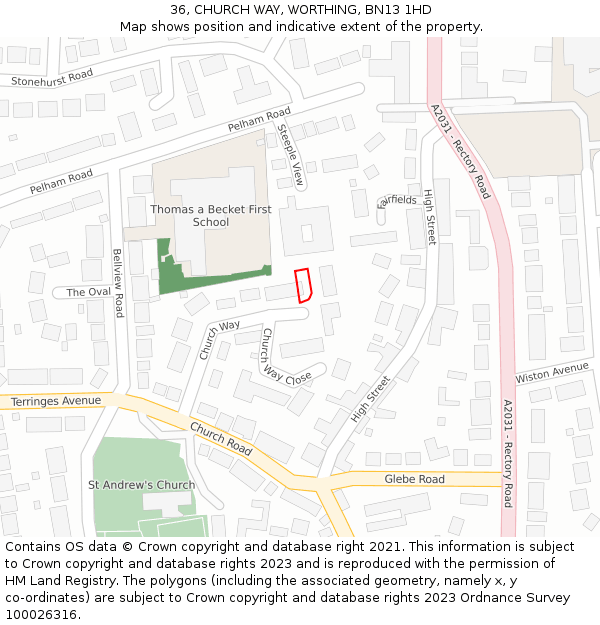 36, CHURCH WAY, WORTHING, BN13 1HD: Location map and indicative extent of plot