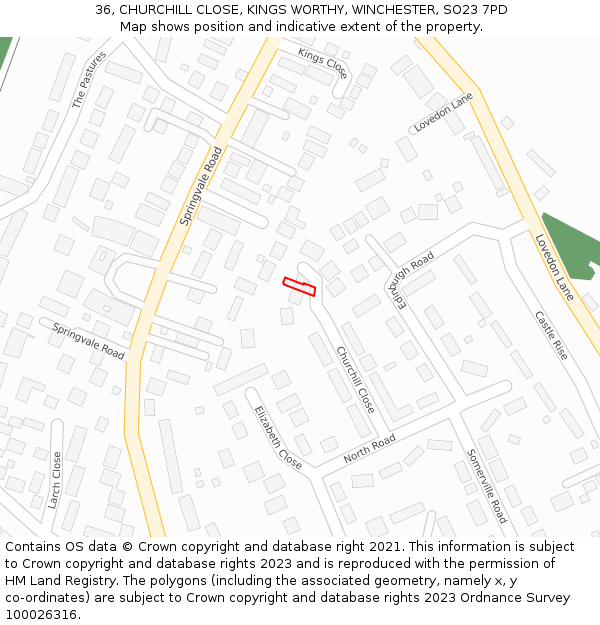 36, CHURCHILL CLOSE, KINGS WORTHY, WINCHESTER, SO23 7PD: Location map and indicative extent of plot