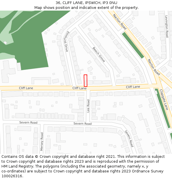 36, CLIFF LANE, IPSWICH, IP3 0NU: Location map and indicative extent of plot