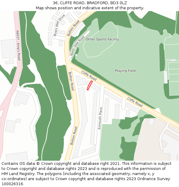 36, CLIFFE ROAD, BRADFORD, BD3 0LZ: Location map and indicative extent of plot