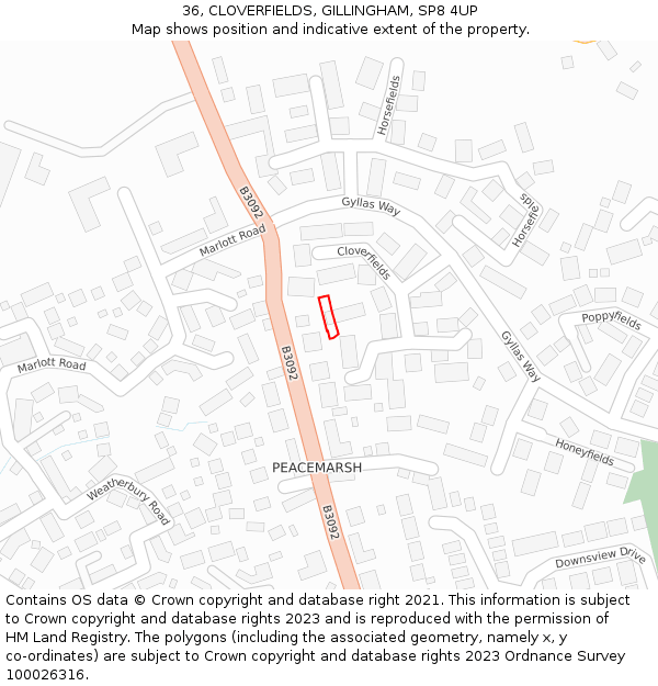 36, CLOVERFIELDS, GILLINGHAM, SP8 4UP: Location map and indicative extent of plot