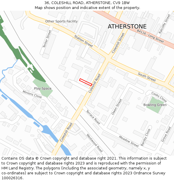 36, COLESHILL ROAD, ATHERSTONE, CV9 1BW: Location map and indicative extent of plot