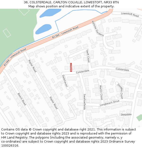 36, COLSTERDALE, CARLTON COLVILLE, LOWESTOFT, NR33 8TN: Location map and indicative extent of plot