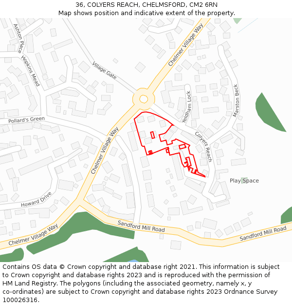 36, COLYERS REACH, CHELMSFORD, CM2 6RN: Location map and indicative extent of plot