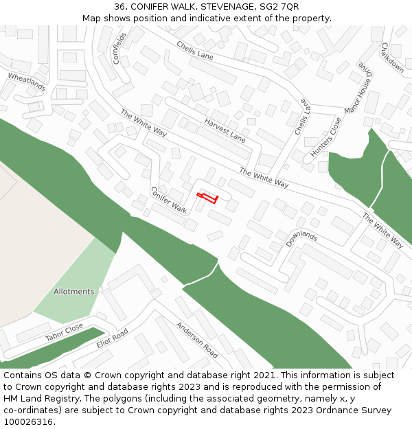 36, CONIFER WALK, STEVENAGE, SG2 7QR: Location map and indicative extent of plot