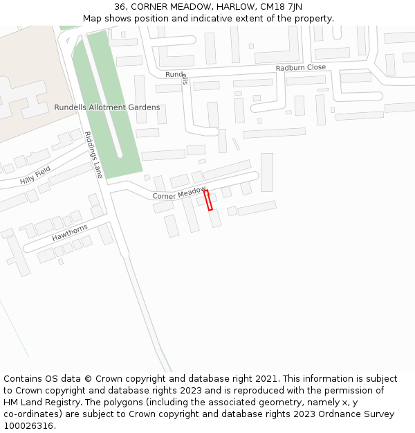 36, CORNER MEADOW, HARLOW, CM18 7JN: Location map and indicative extent of plot