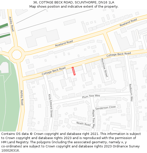 36, COTTAGE BECK ROAD, SCUNTHORPE, DN16 1LA: Location map and indicative extent of plot