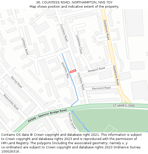 36, COUNTESS ROAD, NORTHAMPTON, NN5 7DY: Location map and indicative extent of plot