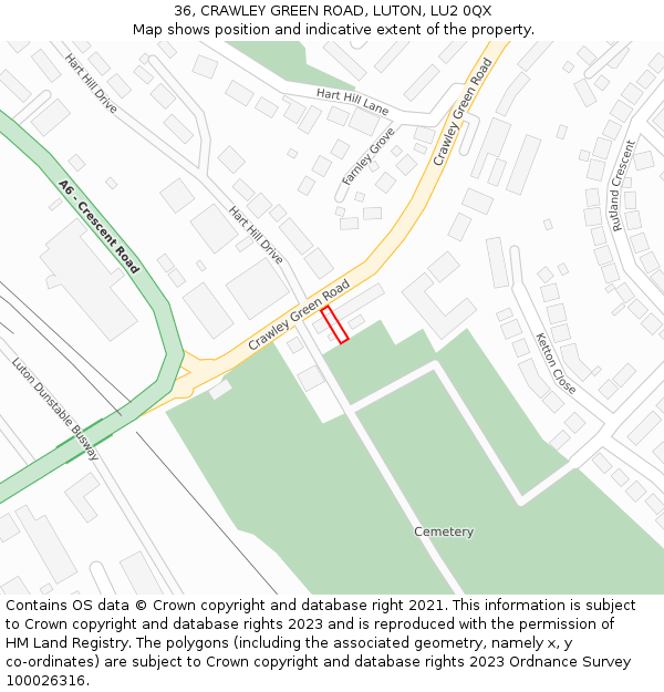 36, CRAWLEY GREEN ROAD, LUTON, LU2 0QX: Location map and indicative extent of plot