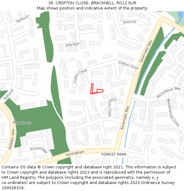 36, CROFTON CLOSE, BRACKNELL, RG12 0UR: Location map and indicative extent of plot