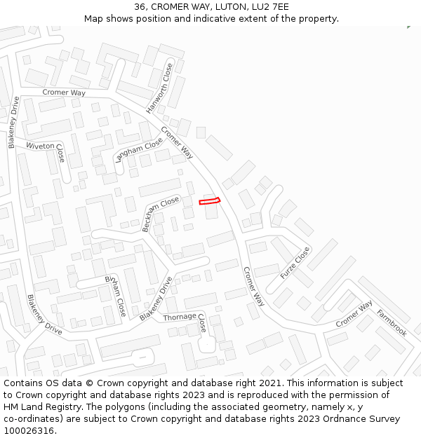 36, CROMER WAY, LUTON, LU2 7EE: Location map and indicative extent of plot