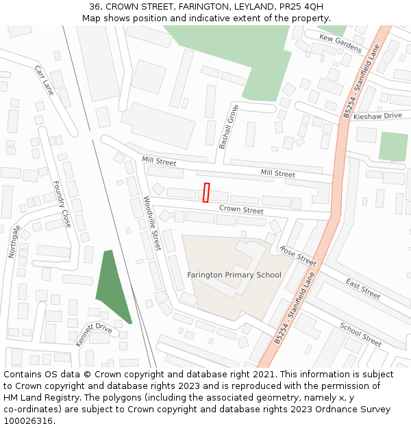 36, CROWN STREET, FARINGTON, LEYLAND, PR25 4QH: Location map and indicative extent of plot