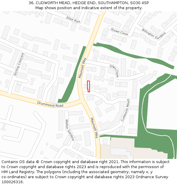 36, CUDWORTH MEAD, HEDGE END, SOUTHAMPTON, SO30 4SP: Location map and indicative extent of plot