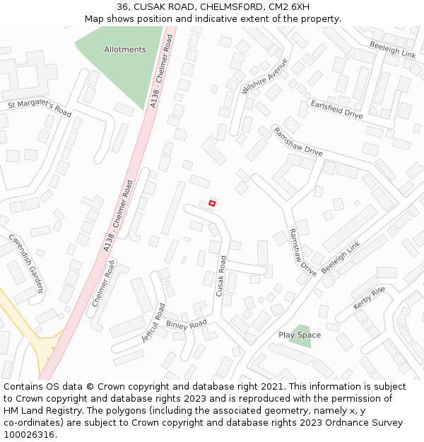 36, CUSAK ROAD, CHELMSFORD, CM2 6XH: Location map and indicative extent of plot