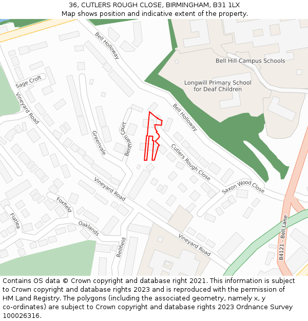 36, CUTLERS ROUGH CLOSE, BIRMINGHAM, B31 1LX: Location map and indicative extent of plot