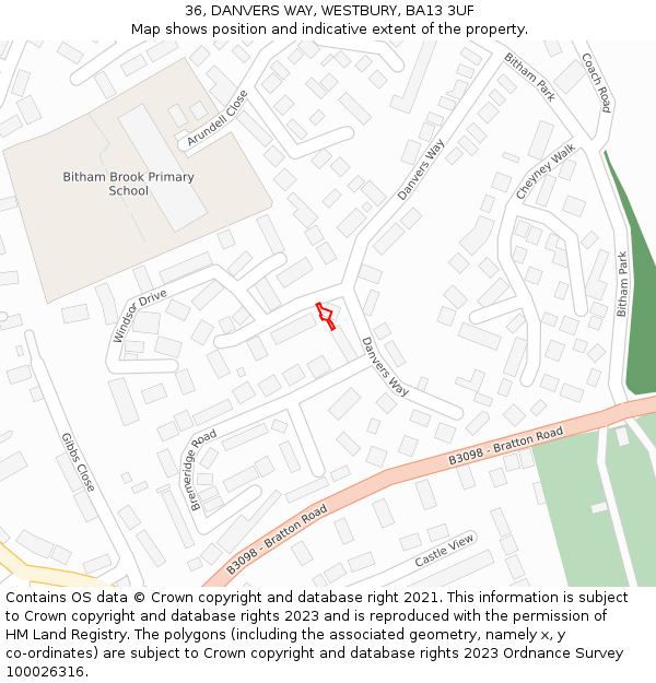 36, DANVERS WAY, WESTBURY, BA13 3UF: Location map and indicative extent of plot