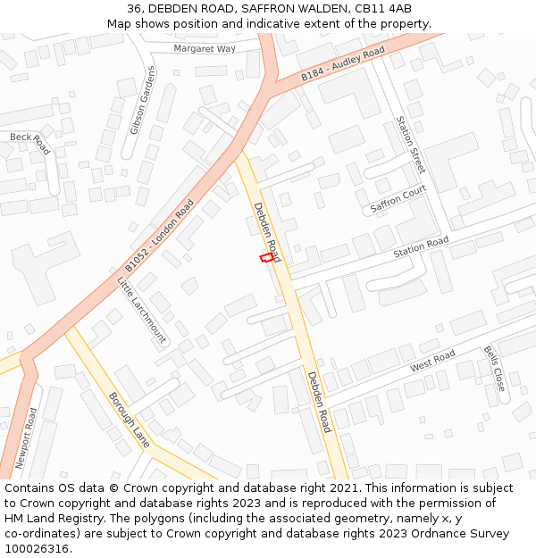 36, DEBDEN ROAD, SAFFRON WALDEN, CB11 4AB: Location map and indicative extent of plot