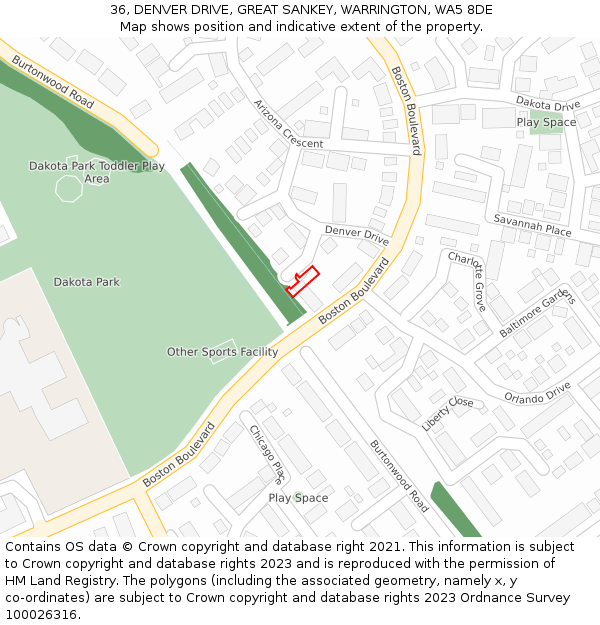 36, DENVER DRIVE, GREAT SANKEY, WARRINGTON, WA5 8DE: Location map and indicative extent of plot
