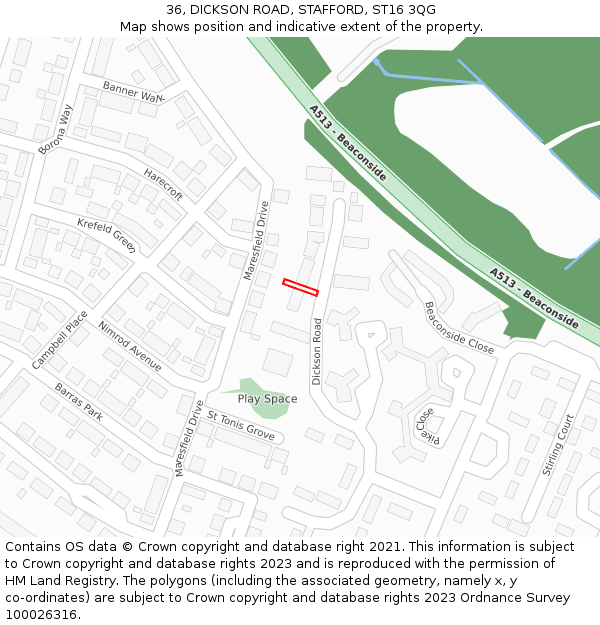 36, DICKSON ROAD, STAFFORD, ST16 3QG: Location map and indicative extent of plot