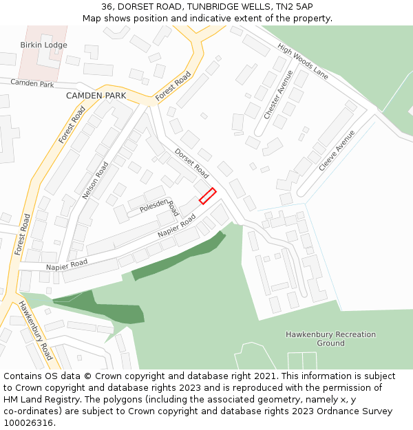 36, DORSET ROAD, TUNBRIDGE WELLS, TN2 5AP: Location map and indicative extent of plot
