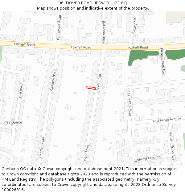 36, DOVER ROAD, IPSWICH, IP3 8JQ: Location map and indicative extent of plot