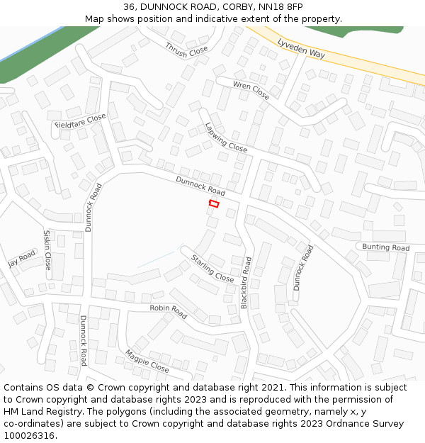 36, DUNNOCK ROAD, CORBY, NN18 8FP: Location map and indicative extent of plot