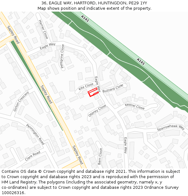 36, EAGLE WAY, HARTFORD, HUNTINGDON, PE29 1YY: Location map and indicative extent of plot