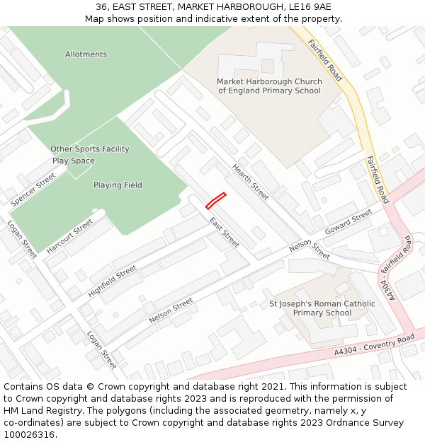 36, EAST STREET, MARKET HARBOROUGH, LE16 9AE: Location map and indicative extent of plot