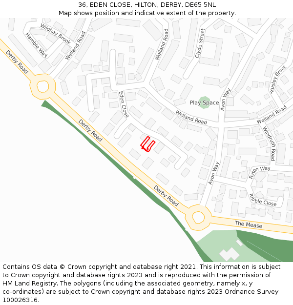 36, EDEN CLOSE, HILTON, DERBY, DE65 5NL: Location map and indicative extent of plot