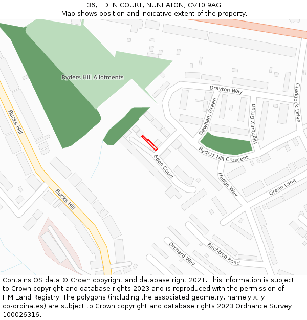36, EDEN COURT, NUNEATON, CV10 9AG: Location map and indicative extent of plot
