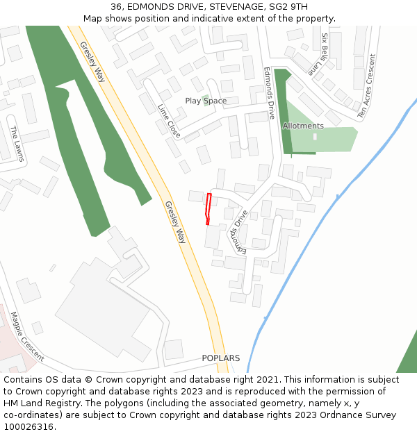 36, EDMONDS DRIVE, STEVENAGE, SG2 9TH: Location map and indicative extent of plot