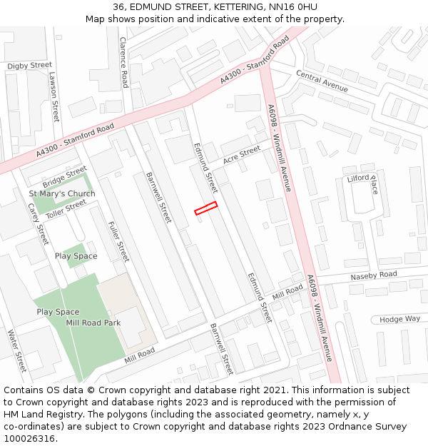 36, EDMUND STREET, KETTERING, NN16 0HU: Location map and indicative extent of plot