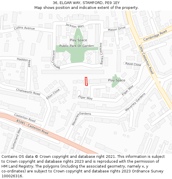 36, ELGAR WAY, STAMFORD, PE9 1EY: Location map and indicative extent of plot